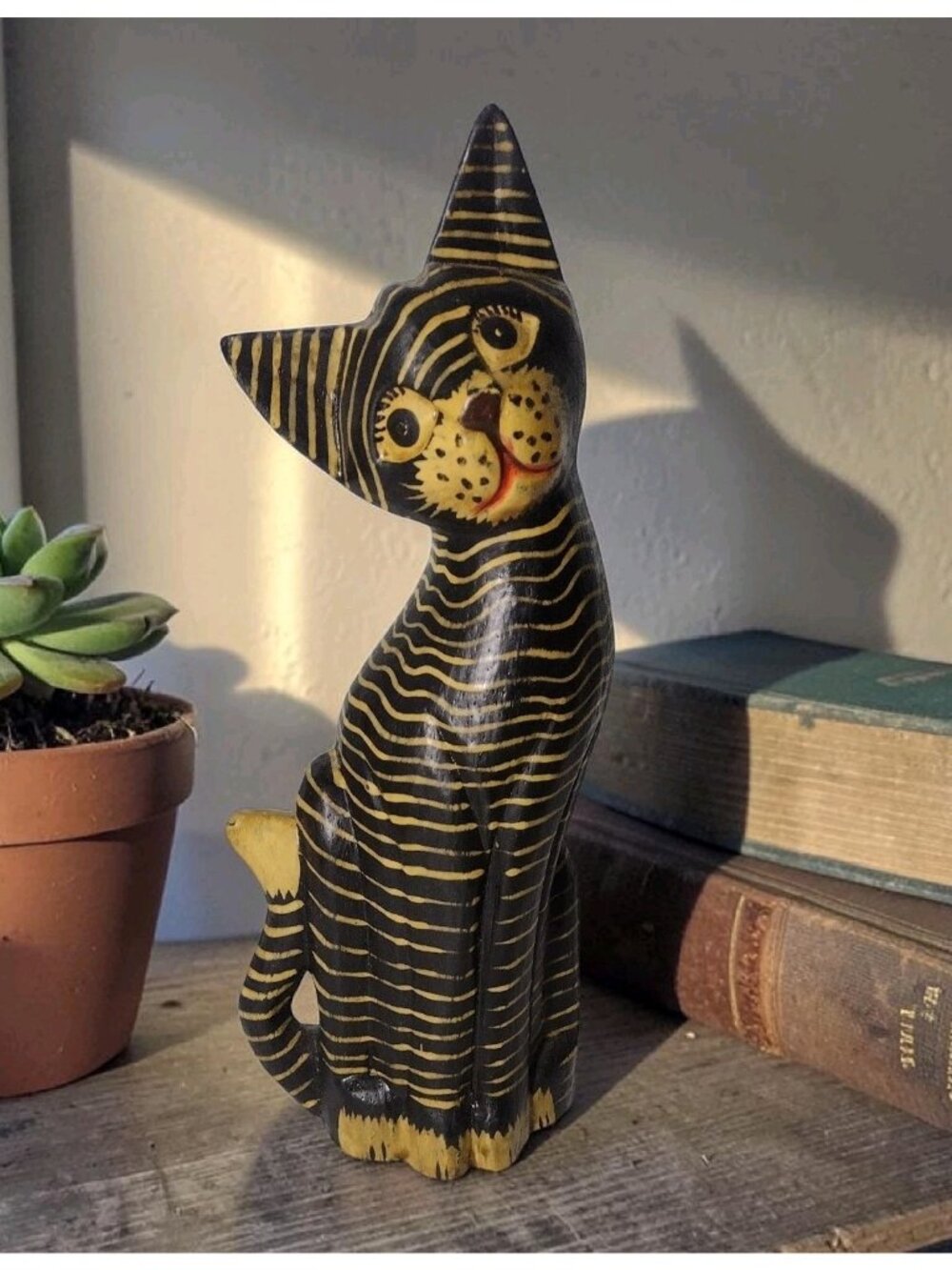 Vintage Lightweight Wood Folk Art Cat Figurine 10.5" Carved Handpainted Kitsch